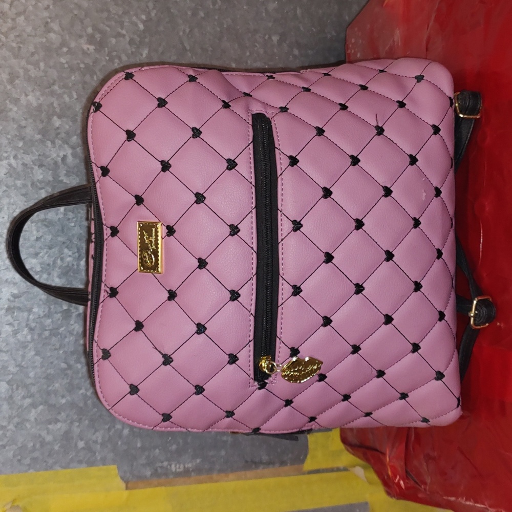 LUV BETSEY by Betsey Johnson Quilted Pink Black Hearts Zipper Backpack Purse